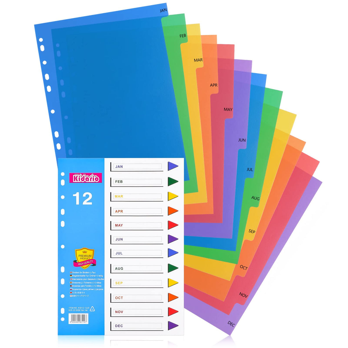 File Dividers A4, 12 Part Folder Dividers, 3 Pack Extra Wide Pre-Punched Leverl Arch Folder in Assorted Colours, Plastic Binder Dividers (Months Tabs)