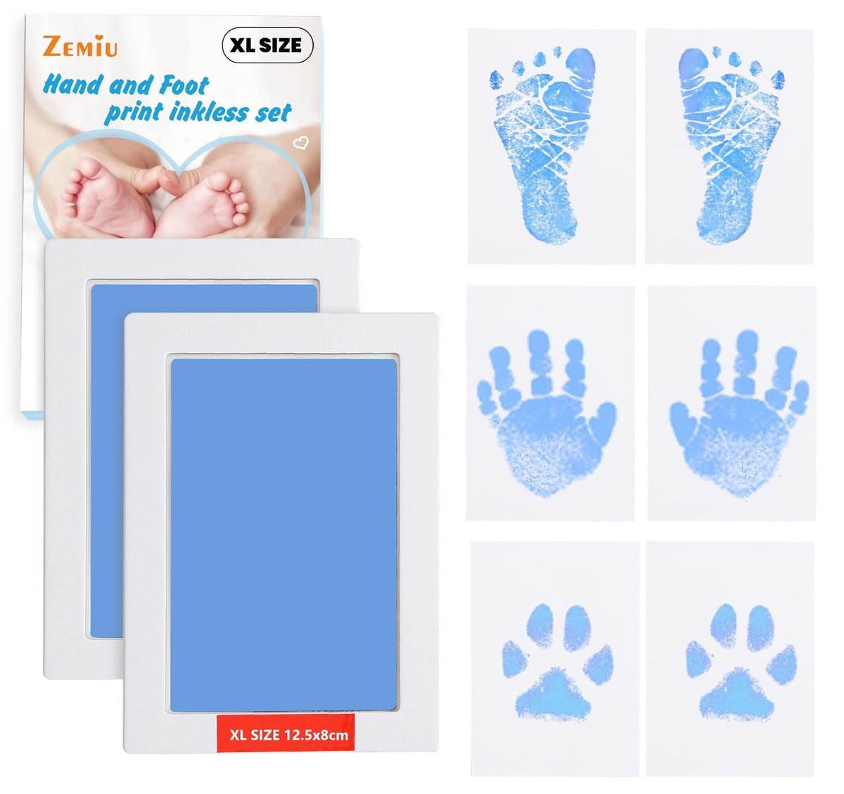 Zemiu Baby Handprint and Footprint XL Size Kit,2 Blue Baby Handprint Ink Pads with Clean-Touch & 6 Imprint Cards,Inkless Print Kit Safe Non-Toxic for Baby Feet and Hands, Family Keepsake, Pet Paw