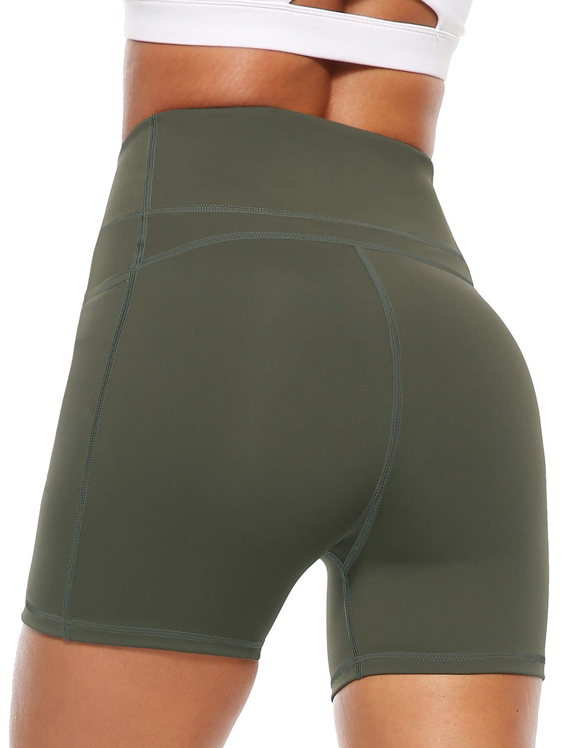 JOYSPELS Women's High Waisted Yoga Shorts - Workout Running Sports Yoga Cycling Shorts for Womens with Pockets - ArmyGreen - M