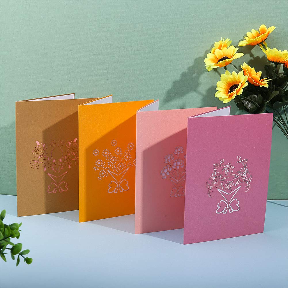 4pcs 3D Pop Up Flower Bouquet Greeting Card, Birthday Card, Thank You Card, Appreciation Card, Anniversary Card, Christmas Cards