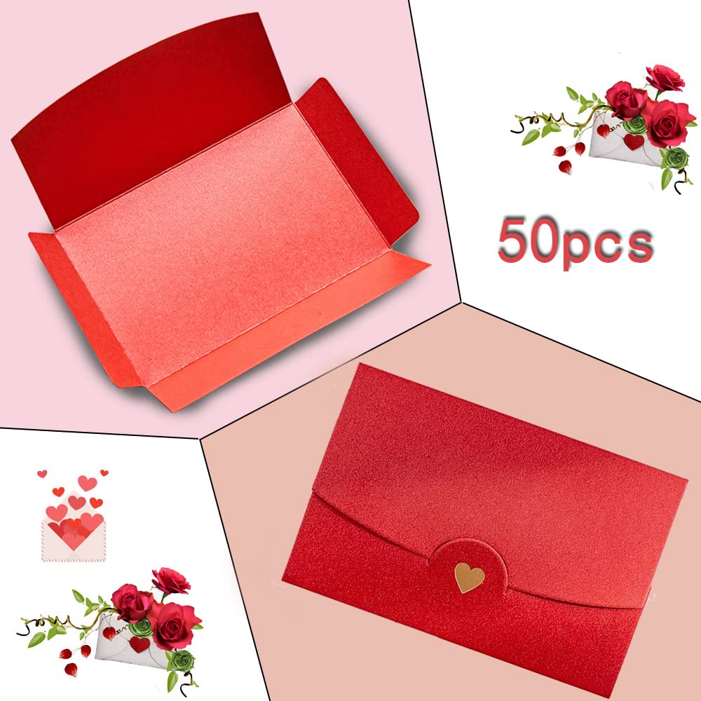 Mini Envelopes, 50 Pieces Mini Gift Card Envelopes, Red Mini Envelope, with Heart Clasp, for Invitations, Postcard,Wedding, DIY Gift Cards, Christmas Valentine's Day(Red)
