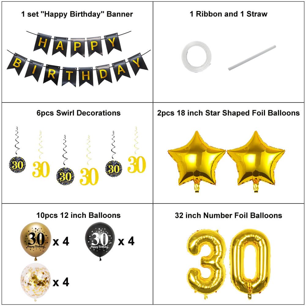 Pargleev 30th Birthday Decorations for Men Women,16in Number 30 Birthday Foil Balloons with Swirl Decorations Happy Birthday Banner and Star Foil Balloons 12PCS Confetii and Latex Balloons Black Gold