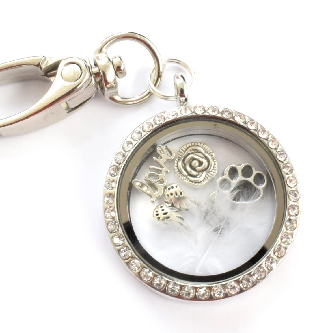 PAW Memorial Locket Keyring. In Memory of a Pet. Cat, Dog, Rabbit. Real White Feather Sympathy Gift. Angel Wing Mourning Keyring Key chain. Floating Locket