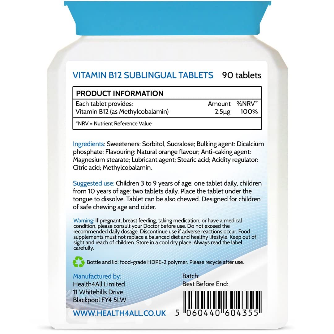 Kids Vitamin B12 2.5mcg Sublingual 90 Tablets (V) Vegan Methylcobalamin Chewable Tablets for Children. Orange Flavoured. Made in The UK by Health4All