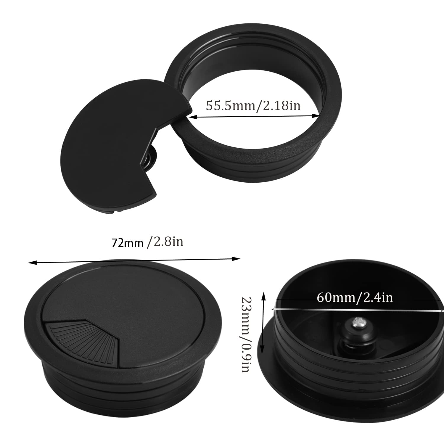 4 Pieces Black Desk Grommet, 60mm (2.4 inch) Plastic Desk Cable Grommet Cord PC Computer Wire Cable Hole Cover for Home Office