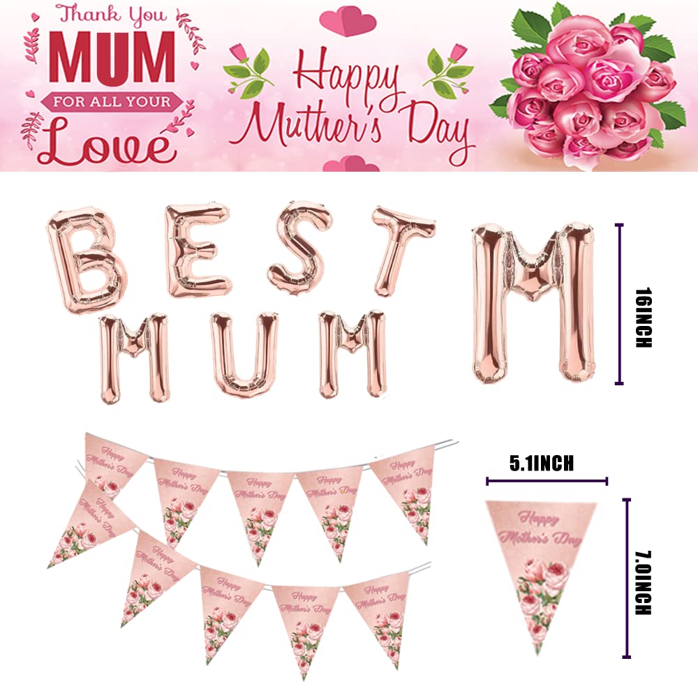 Best Mum Balloon Happy Mothers Day Banner for Mothers Birthday Gifts From Daughters and Sons Mothers Day Party Supplies
