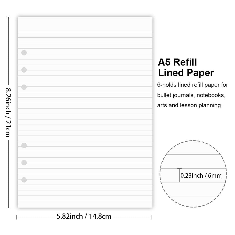 A5 Lined Refills Paper for Filofax Planner/Binders/Organizer, 6 Hole Punched Loose Leaf Paper, 100 Sheets/200 Pages, 100gsm, White, 148 x 210mm