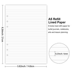 A5 Lined Refills Paper for Filofax Planner/Binders/Organizer, 6 Hole Punched Loose Leaf Paper, 100 Sheets/200 Pages, 100gsm, White, 148 x 210mm