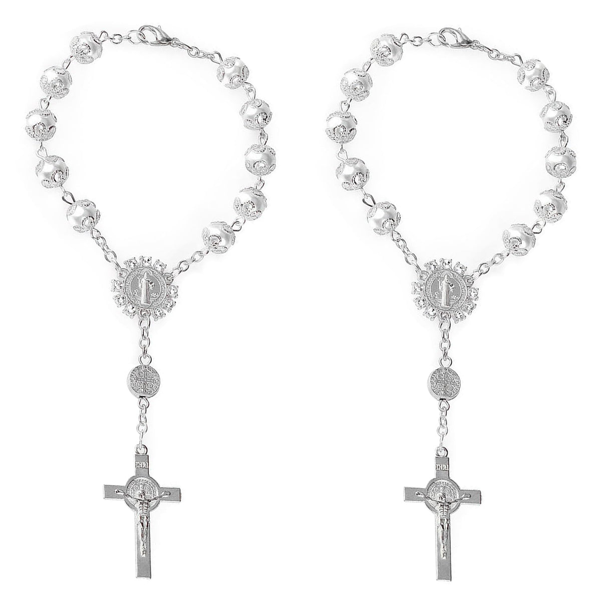 Rumyve Car Interior Mirrors - 2 Packs Rose Flower Pearl Car Mirror Hanging Charms with Cross, Silver