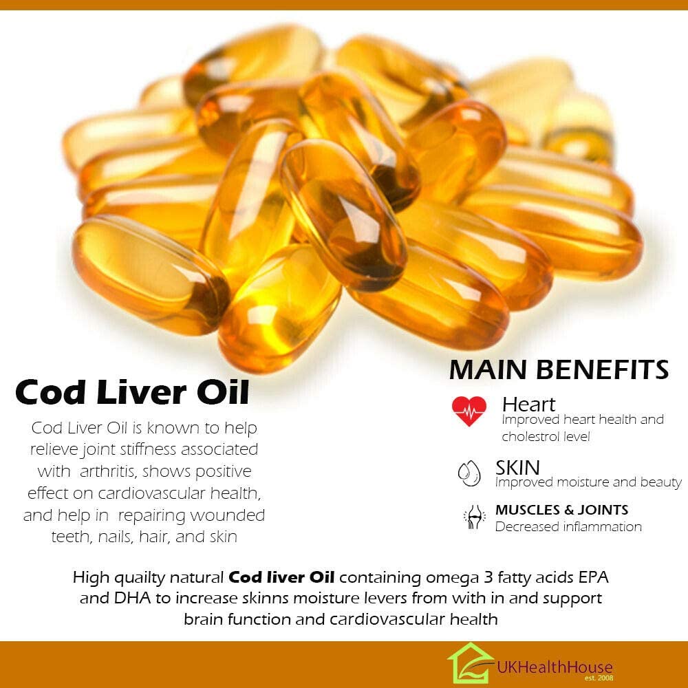 UKHealthHouse Premium - Cod Liver Oil Capsules - 1000mg x 120 - High Strength - Omega-3 Fatty Acids Vitamin A & D - EPA and DHA