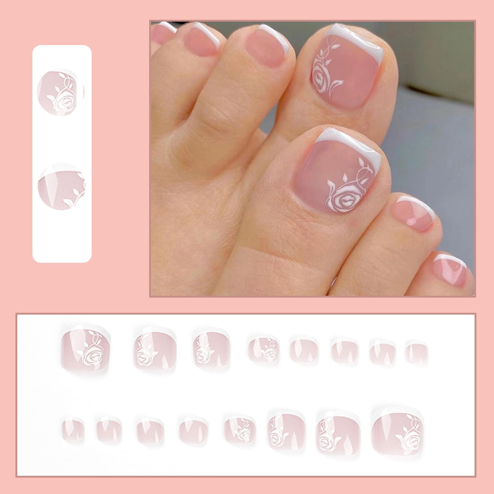 24Pcs Square False Toenails Glossy French Rose Flower Press on Toenails Nude Pink Stick on Toenails Short Acrylic Full Cover Summer Fake Toenails for Women and Girls Daily Decorations