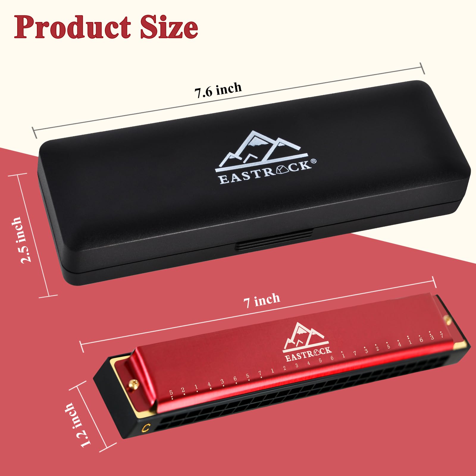 EastRock Harmonica 24 Holes 48 Tunes, Harmonica Key of C, Harmonica Mouth Organ for Beginner Adults Kids, Mini Blues Harmonica with Case and Cleaning Cloth (Red)