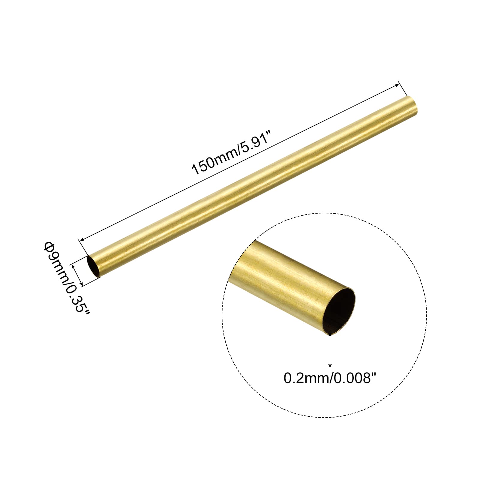 sourcing map Brass Tube, 9mm OD 0.2mm Wall Thickness 150mm Length Round Pipe Tubing for Industry, DIY Projects 2 Pcs