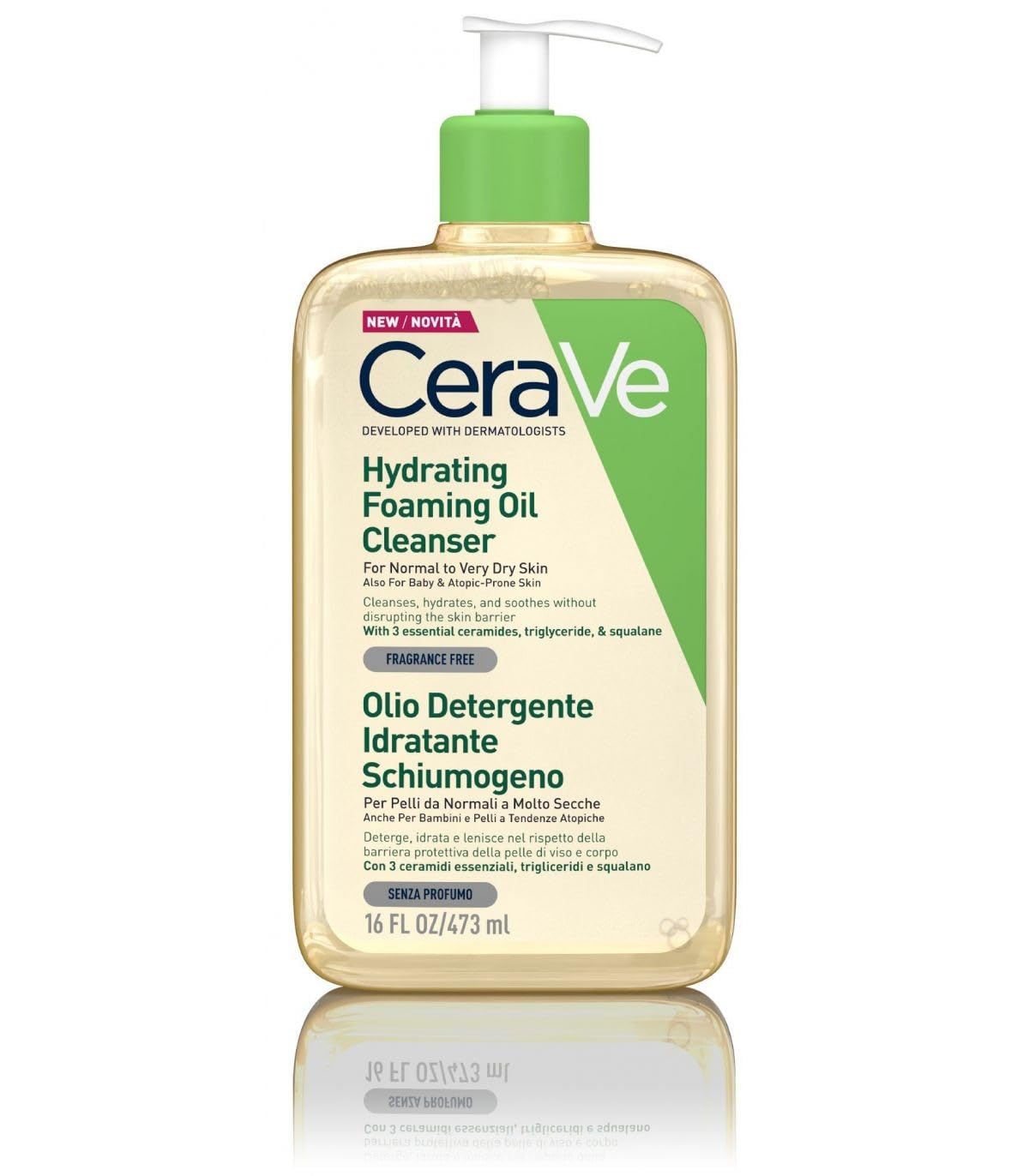 CeraVe Hydrating Foaming Oil Cleanser for Normal to Very Dry Skin with Squalane, Triglyceride and 3 Essential Ceramides, For Face and Body, Multicolor, 473 ml