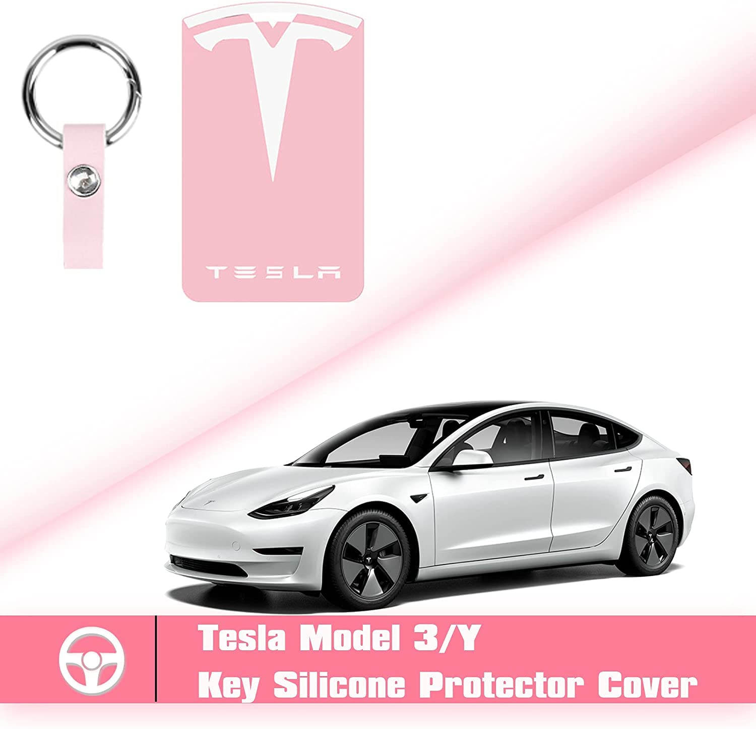 XINRISHENG Tesla Key Card Holder for Model 3 and Model Y Silicone Protector Key Chain Logo Pattern Car Accessories (pink)