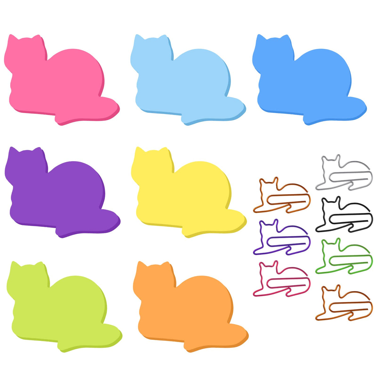 Cobee Cat Sticky Notes with Paper Clips, 7 Pack Cute Self-Stick Memo Note Pads Sticky Pad Cat Paper Clips Index Tabs (B)