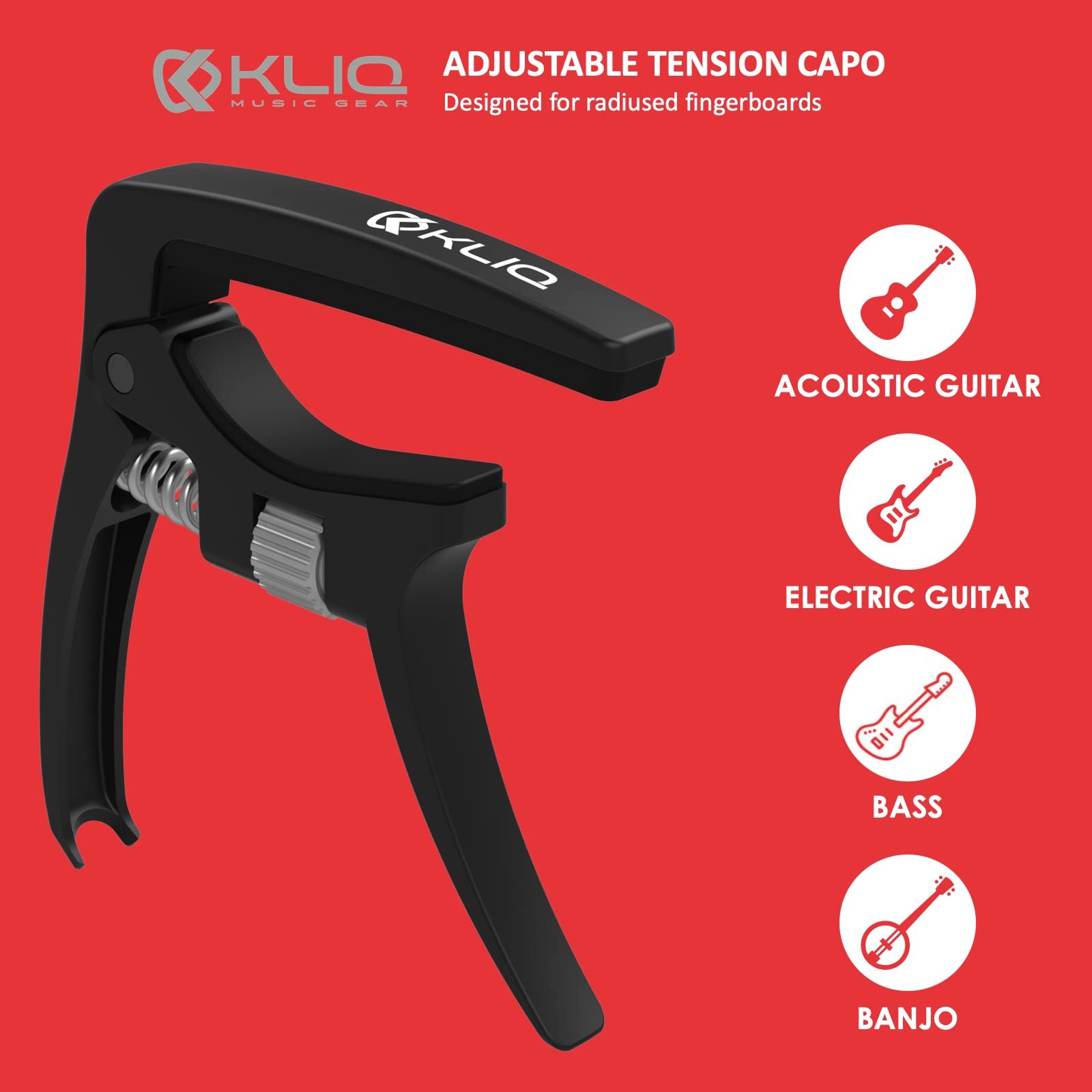 KLIQ K-PO Guitar Capo for 6 String Acoustic and Electric Guitars - Spring Loaded Trigger Style (Black Adjustable)