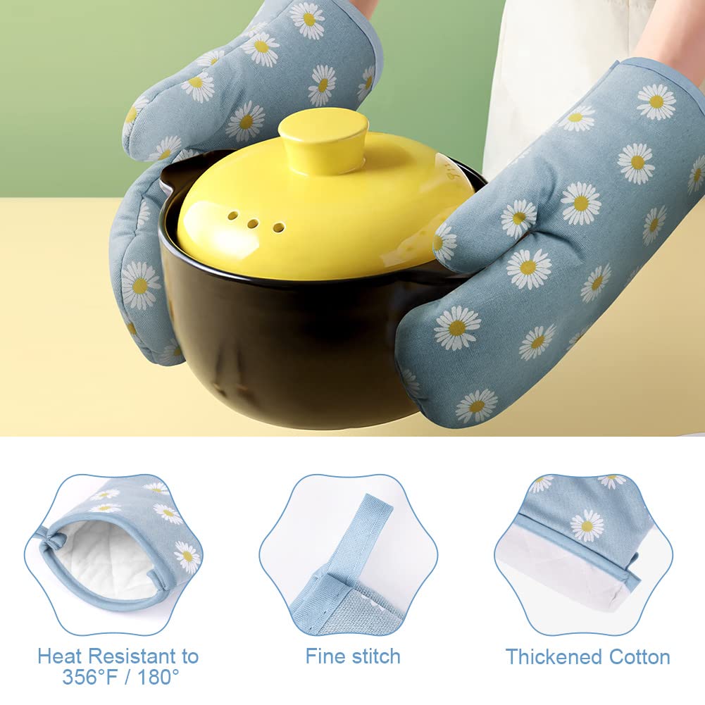 AUAUY Oven Mitts and Potholders, BBQ Gloves Heat Resistant, 1 Pair Oven Mitts and 2 Pot Holders, Cotton Non-Slip Cooking Gloves for Cooking Baking Kitchen Microwave Pizza (Daisy-Blue)