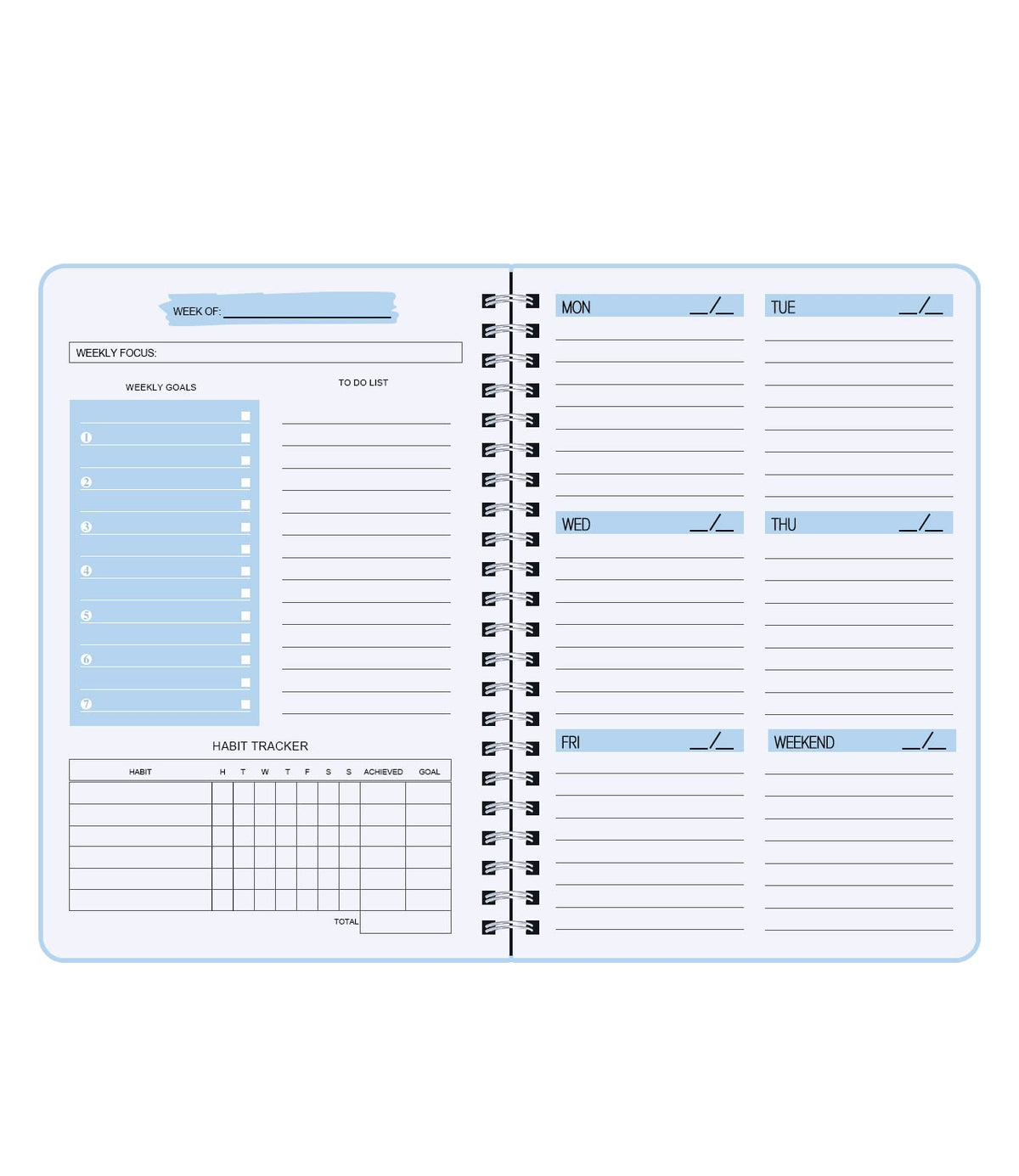 To Do List Notebook, Undated Weekly Planner A5 Diary Planner for College Work with Habit Tracker, Twin Wire Binding, Blue