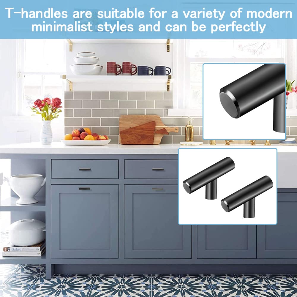 ZACUDA 12 PCS T Bar Handle Stainless Steel Cabinet Pulls 50mm Single Hole Drawer Knob Pulls Kitchen Cabinet Handles Furniture Knobs with Screws for Cupboard Cabinet Wardrobes Bathrooms Doors（Black）