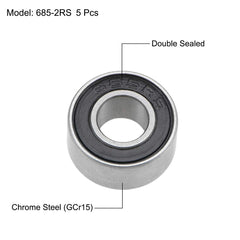 sourcing map 685-2RS Deep Groove Ball Bearings 5mm Inner Dia 11mm OD 5mm Bore Double Sealed Chrome Steel Z2 5pcs