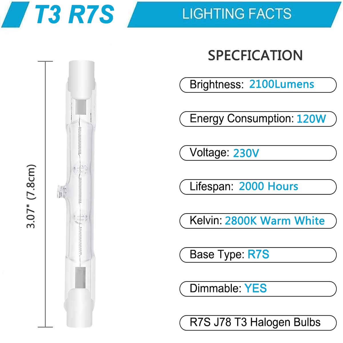 XBOCMY 5 Pack R7s Halogen Bulb 78mm 120W, Dimmable 230V 2100LM 2800K Warm White J78 Security Light Bulb Linear Floodlight Bulbs