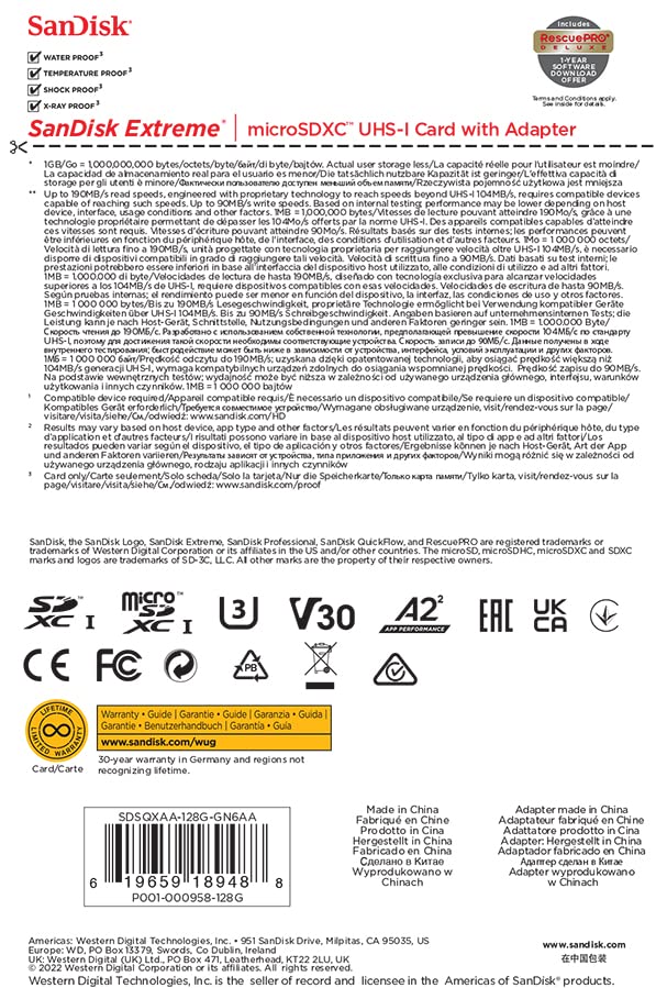 SanDisk 128GB Extreme microSDXC card for Action Cams and Drones and SD adapter and RescuePRO Deluxe, up to 190 MB/s, with A2 App Performance, UHS-I, Class 10, U3, V30
