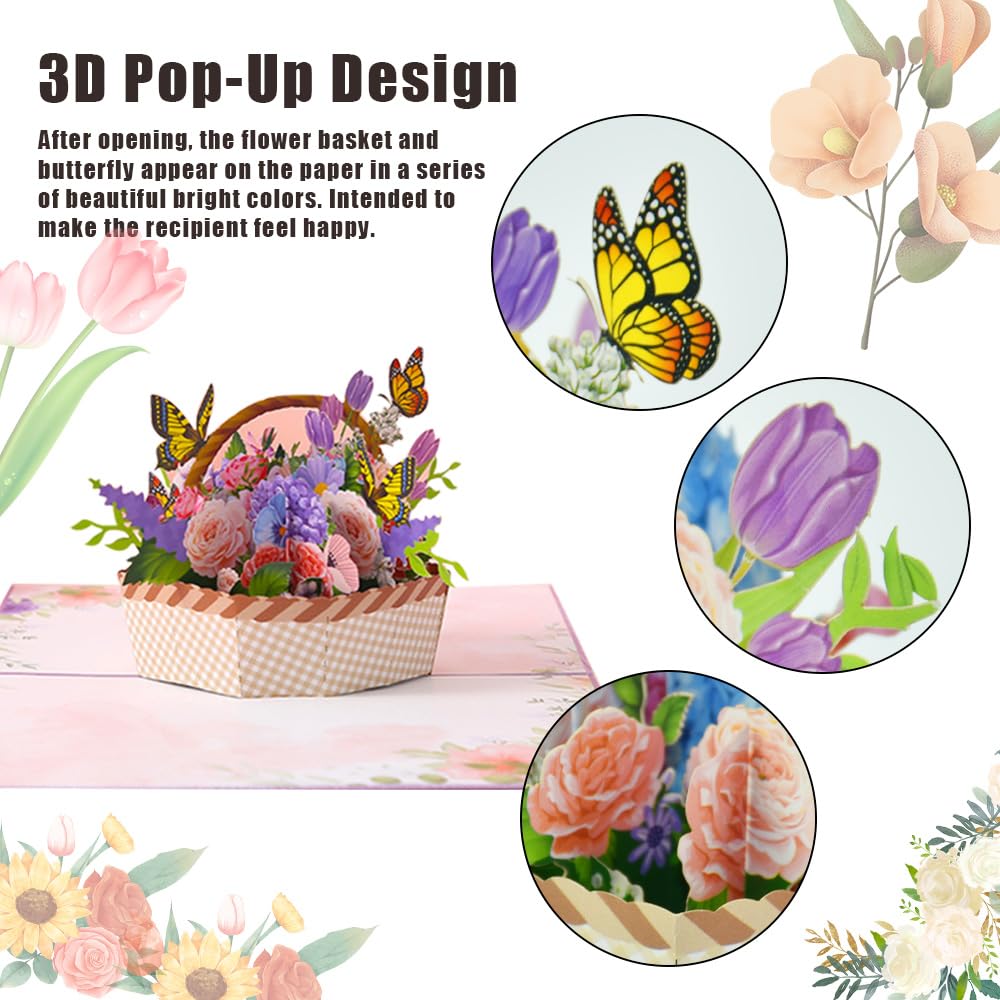 CIKYZE Flower Basket Pop Up Card 3D Pop Up Greeting Card Handmade Flower Greeting Cards Butterfly Pop-up Greeting Card Thank You Card with Note Card and Envelope for Women Sister Wife Grandma Teacher