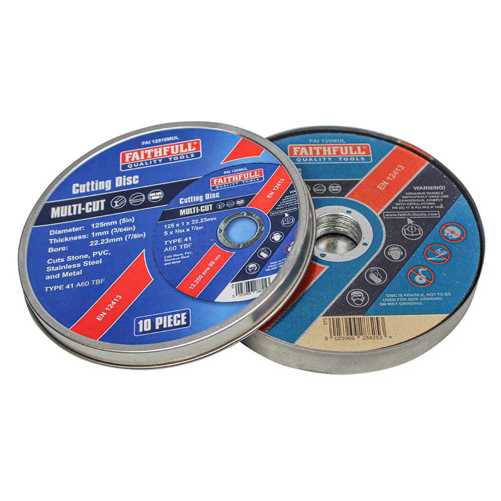 Faithfull FAI12510MUL Extra Thin (1 mm) Fast Cut Cutting Discs 125 mm x 1 mm x 22 mm (5 Inch) 10 Pack with Storage Tin