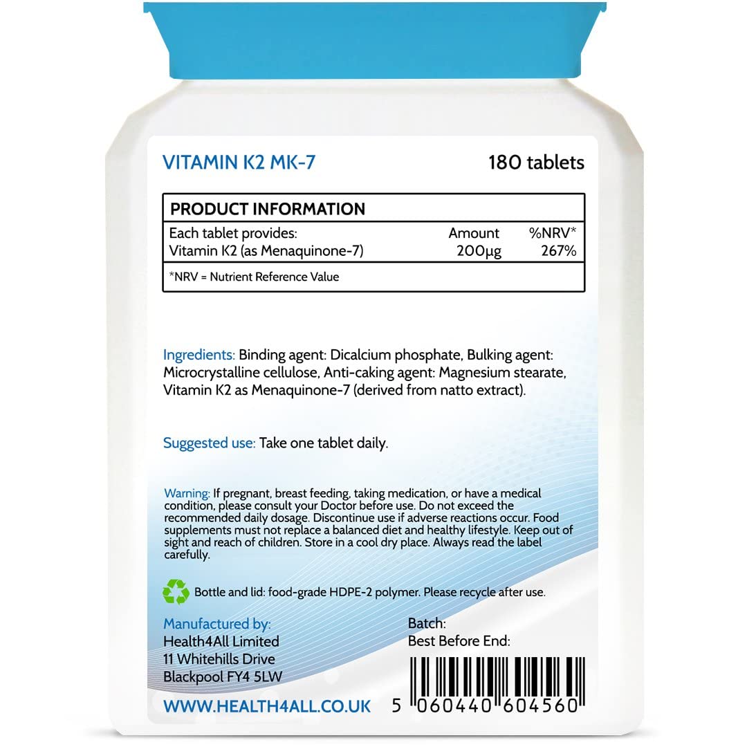 Health4All Vitamin K2 MK7 200mcg 180 Tablets (V) Natural Vegan MK7 from Natto Beans Fermentation. High Strength k2mk7 Tablets (not Capsules) K2 Vitamin Supplements. VIT K2 mk7