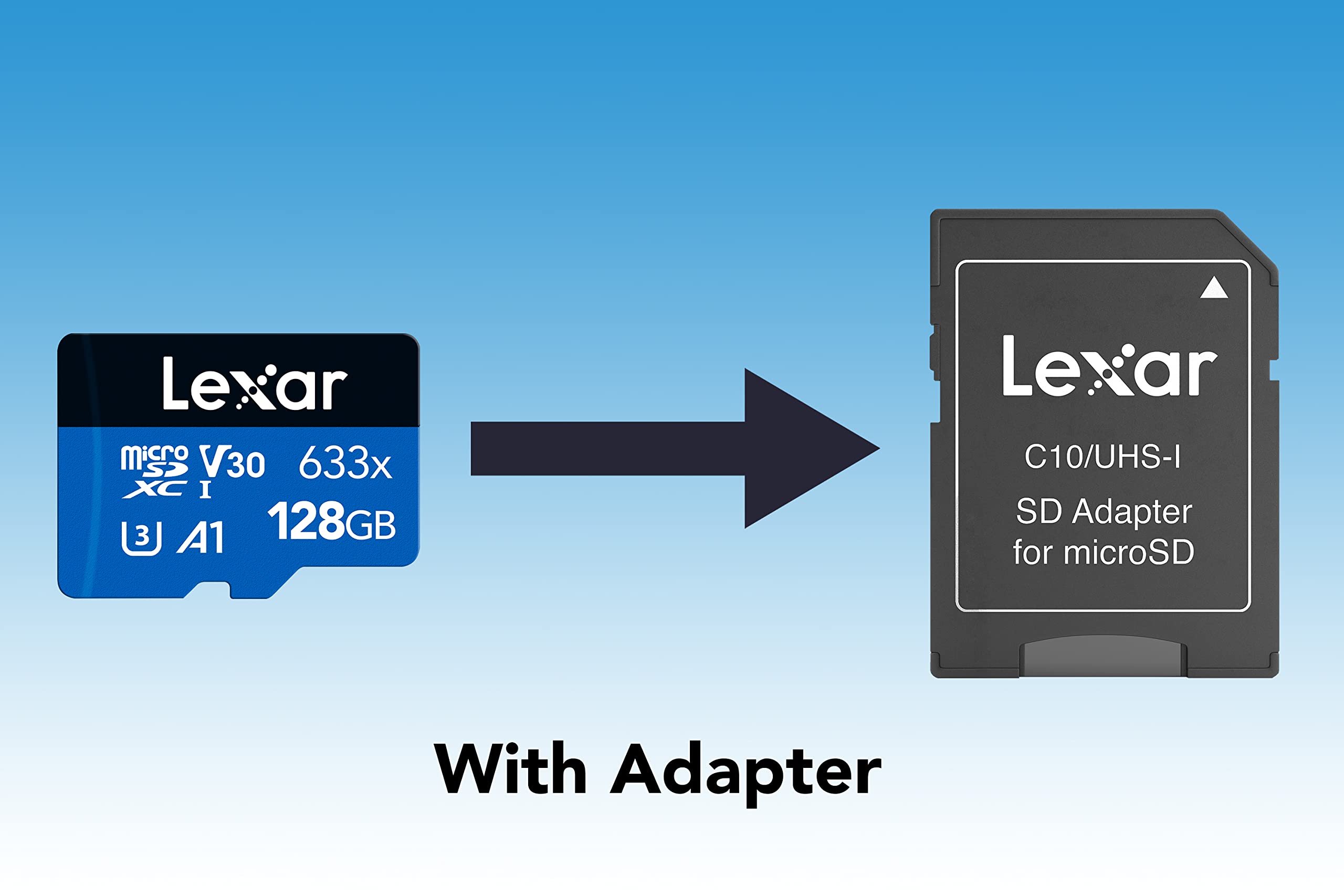 Lexar 633x 128GB Micro SD Card, microSDXC UHS-I Card and SD Adapter, microSD Memory Card up to 100MB/s Read, A1, Class 10, U3, V30, TF Card for Smartphones/Tablets/IP Cameras (LMS0633128G-BNAAA)