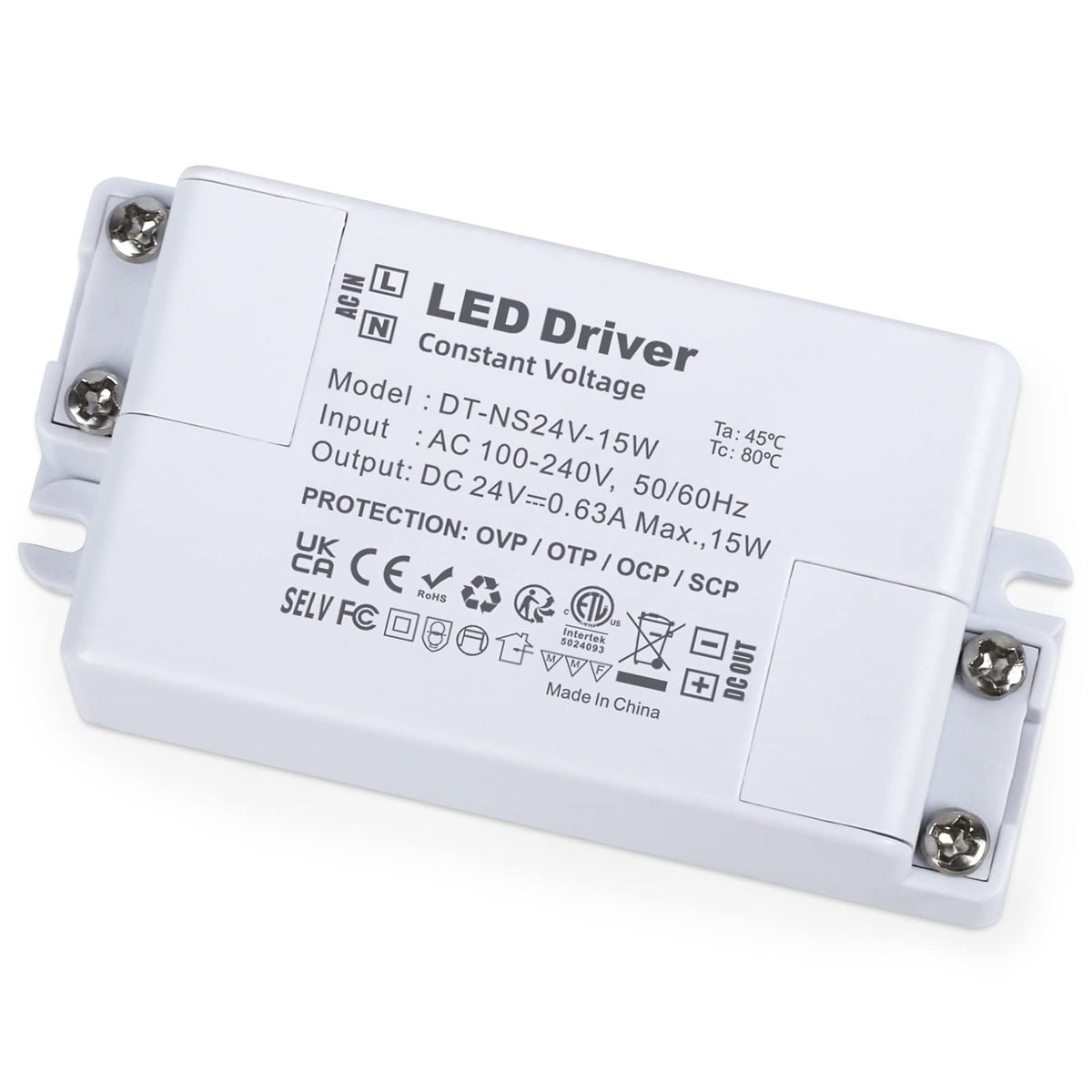 YAYZA! LED Driver 24V 15W, 240V to 24V LED Transformer 1.6A, IP44 Low Voltage Power Supply, AC to DC Adapter, Constant Voltage Driver for LED Strip Lights, Cabinet Lights, LED Bulbs, Ring Doorbell