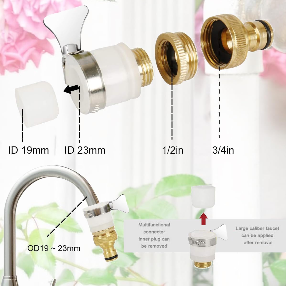 Universal Tap Connector, Mixer Tap Connector for Hose Pipe, Kitchen Tap Hose Connector with 3/4 inches & 1/2 inches Brass Tap to Hose Connector for Outside Garden Tap Kitchen Tap