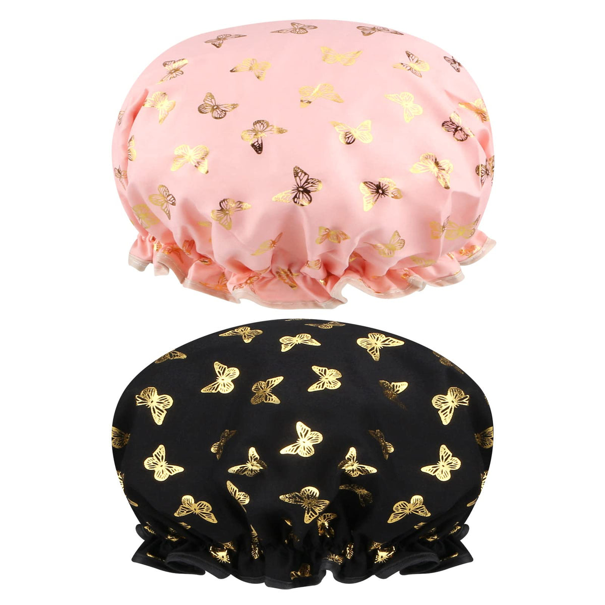 2 PCS Shower Cap Elastic Band Waterproof Bath Caps Double Layers Reusable With Ruffled Edge Covering Ears for Girls and Women