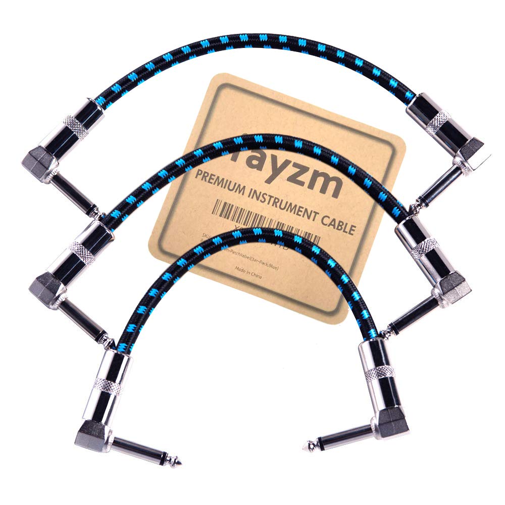 Rayzm Guitar Patch Cable - 6.35mm Noiseless 15cm Guitar/Bass Effects Pedalboard Patch Cable Cord, Right Angle Male TS Mono Instrument Cable for Guitar/Bass Effect Pedals (Pack of 3,Blue)