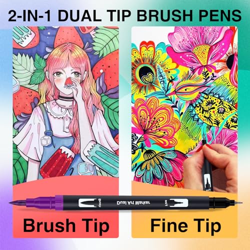 AKARUED Dual Tip Brush Pens: 24 Colouring Pens for Adults Colouring Book, Felt Tip Pens Art Markers for Kids Art Supplies Fineliner Tip Brush Marker for Calligraphy Drawing