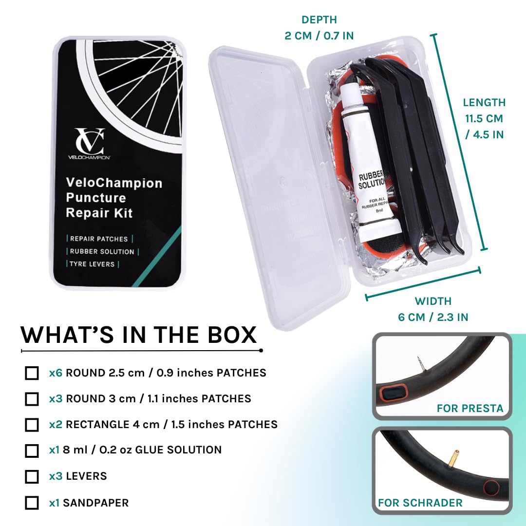 VeloChampion Glue Bike Tyre Puncture Repair Kit with Rubber Solution and Storage Case for All Bicycles; Road, Mountain, Commuter Bikes. 11 Repair Patches. 3 Tyre Levers