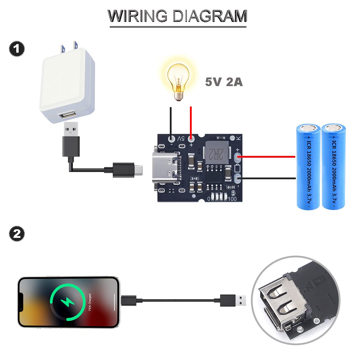 Youmile 10 pcs Type-C USB 5V 2A Boost Converter module Step-Up Power Module LED Display Charge and discharge integrated Lithium battery charging protection board with Type-C to USB cable