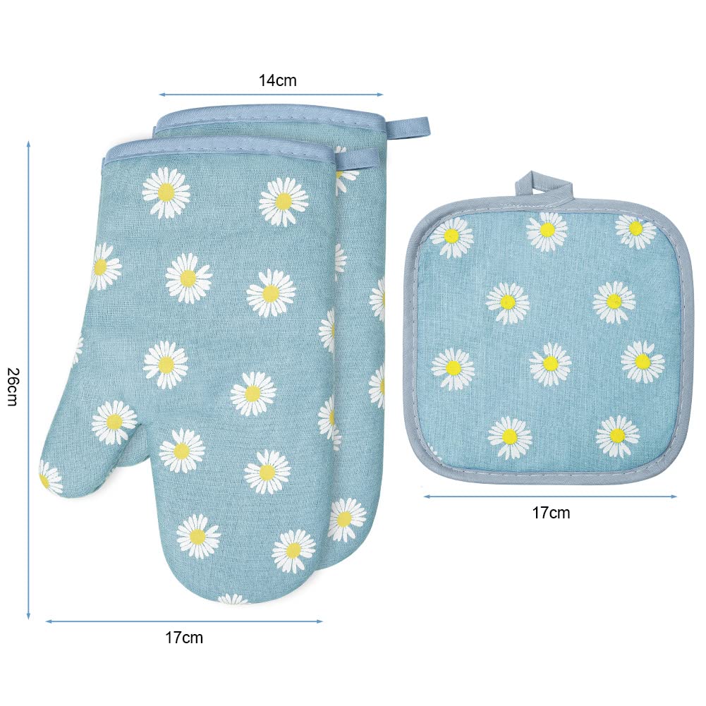 AUAUY Oven Mitts and Potholders, BBQ Gloves Heat Resistant, 1 Pair Oven Mitts and 2 Pot Holders, Cotton Non-Slip Cooking Gloves for Cooking Baking Kitchen Microwave Pizza (Daisy-Blue)