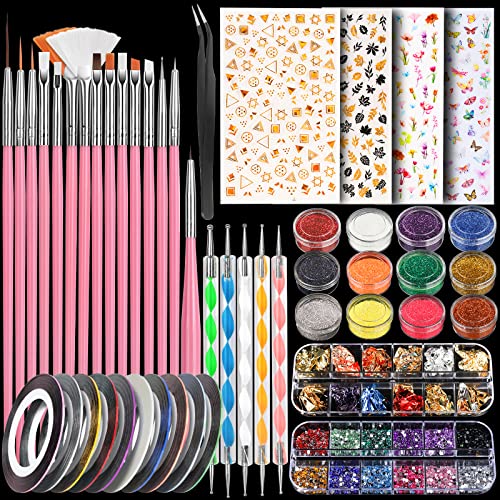 Teenitor Nail Art Kit with Nail Glitter, Nail Art Brushes & Nail Sticker for Gel Nails Art, Nail Gems Nail Accessories Tool for Teenage Girls, Nail Art Pens Nail Dotting Tool for Beginners