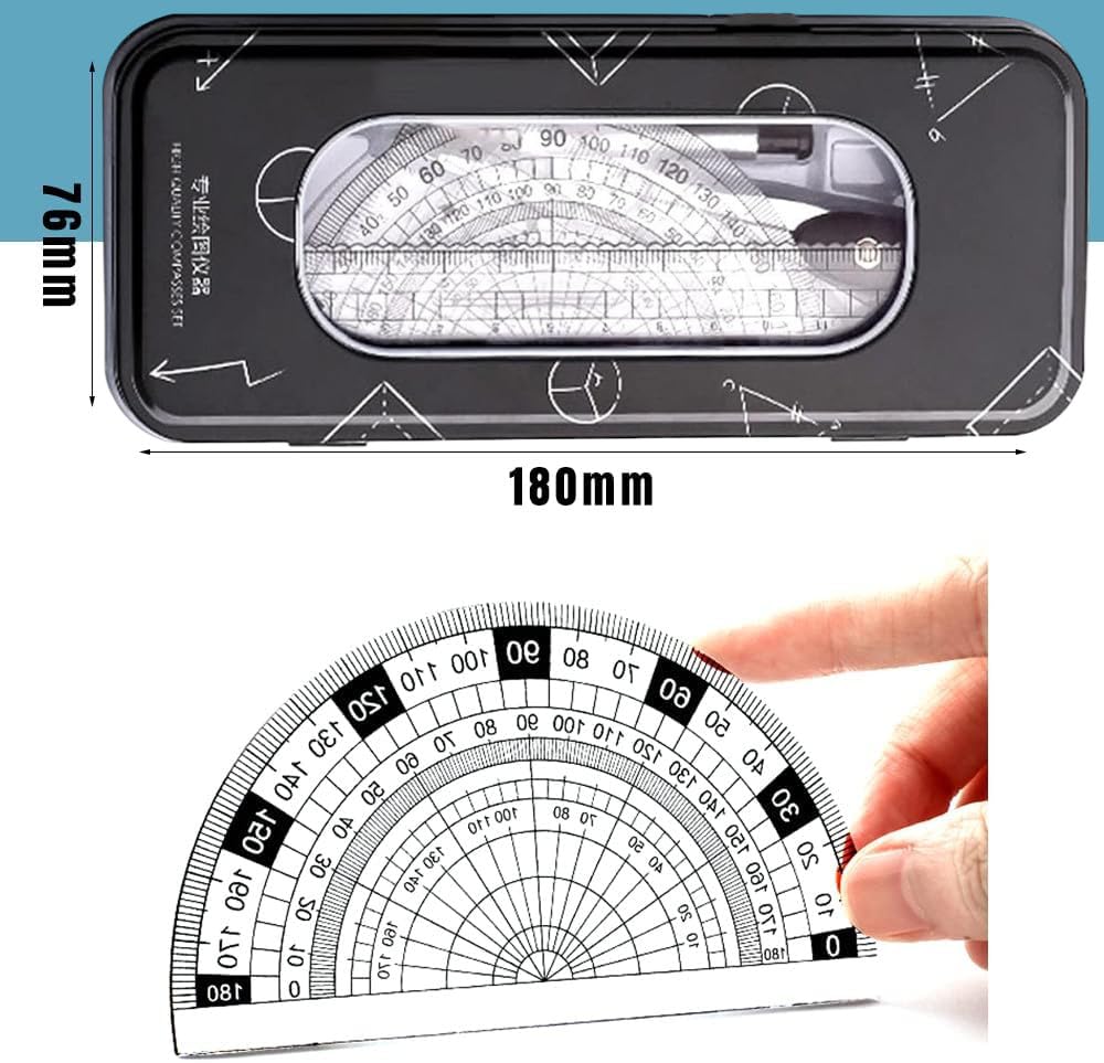 MHwan Maths Set, Metal Durable Outer Box Geometry Sets, Protractor and Compass Set with Ruler Protractor Eraser, for School Students Maths and Home Education (Black)