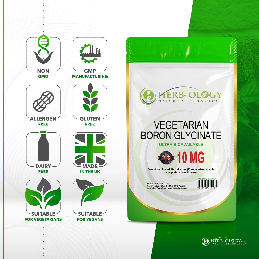 HB Boron Supplement   90 Vegan High Strength Boron Capsules - 10mg per Serving   Non-GMO, Gluten, Dairy & Allergen Free   Manufactured in The UK