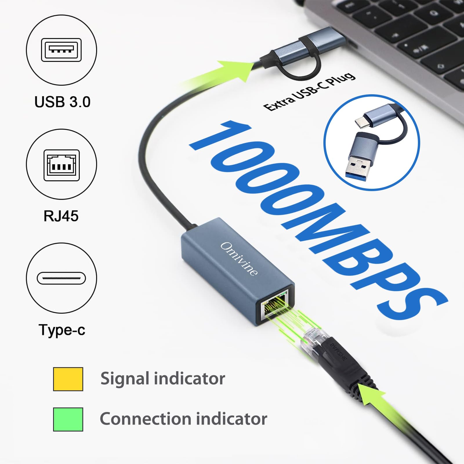 USB 3.0 to Ethernet Adapter with USB C to RJ45 Gigabit LAN 1000 Mbps Wired Network, Ethernet to USB Type-C 10/100/1000Mbps Network Adapter for Windows XP, MAC OS, Linux, VISTA 7 8 10 11 and more