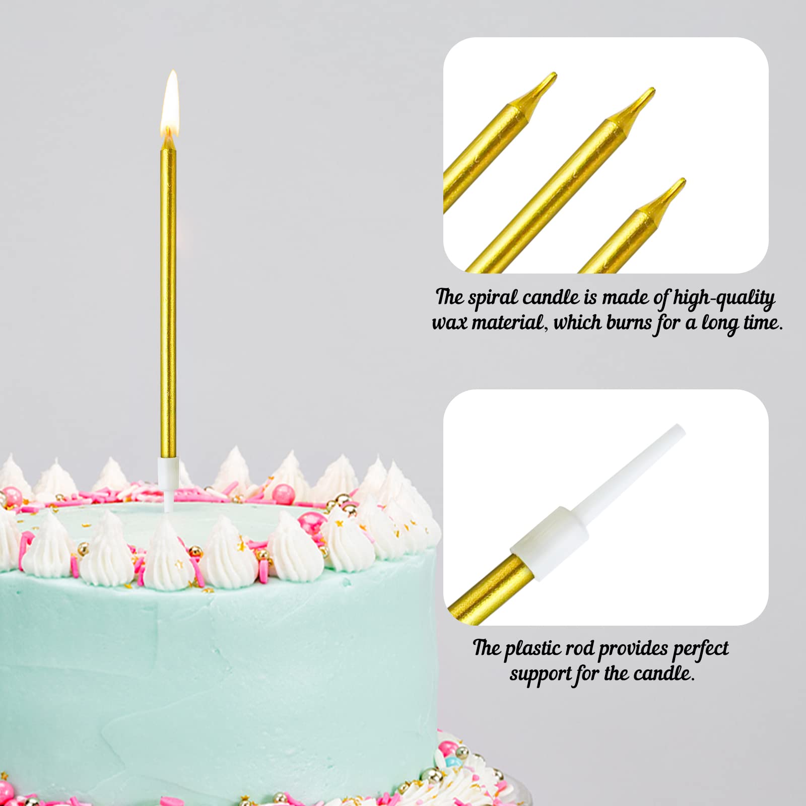 DONQL Birthday Cake Candles, Tall Cake Candles, Long Birthday Candles, Thin Cupcake Candles with Holders for Birthday Cake Baby Shower Cake Wedding Party Decoration（24Pcs Gold