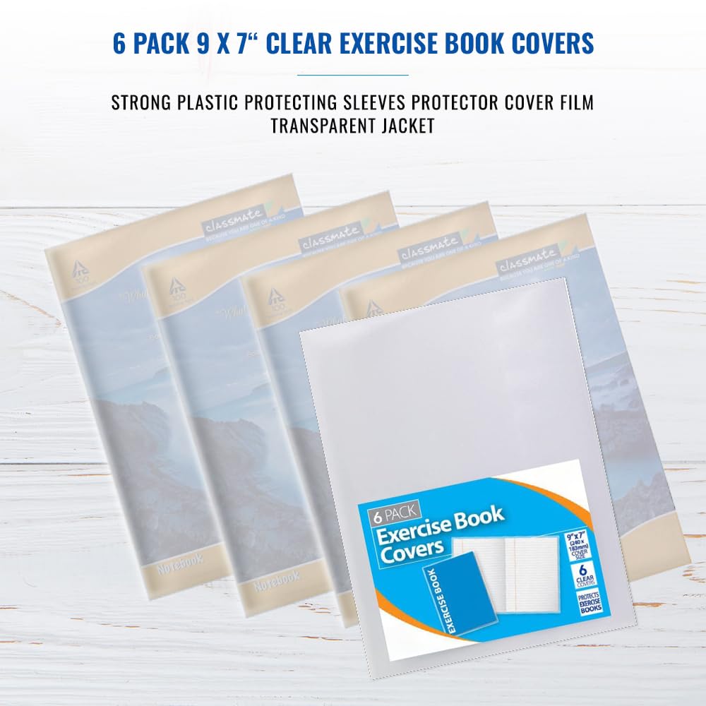 6 Pack 9 X 7 “Clear Exercise Book Covers Strong Plastic Protecting Sleeves Protector Cover Film Transparent Jacket, School Notebook (A5)