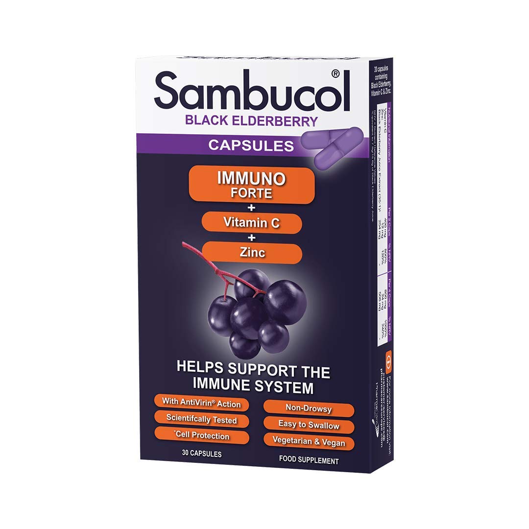 Sambucol Natural Black Elderberry Immuno Forte Capsules   Vitamin C   Zinc   Immune Support Supplement   30 Capsules