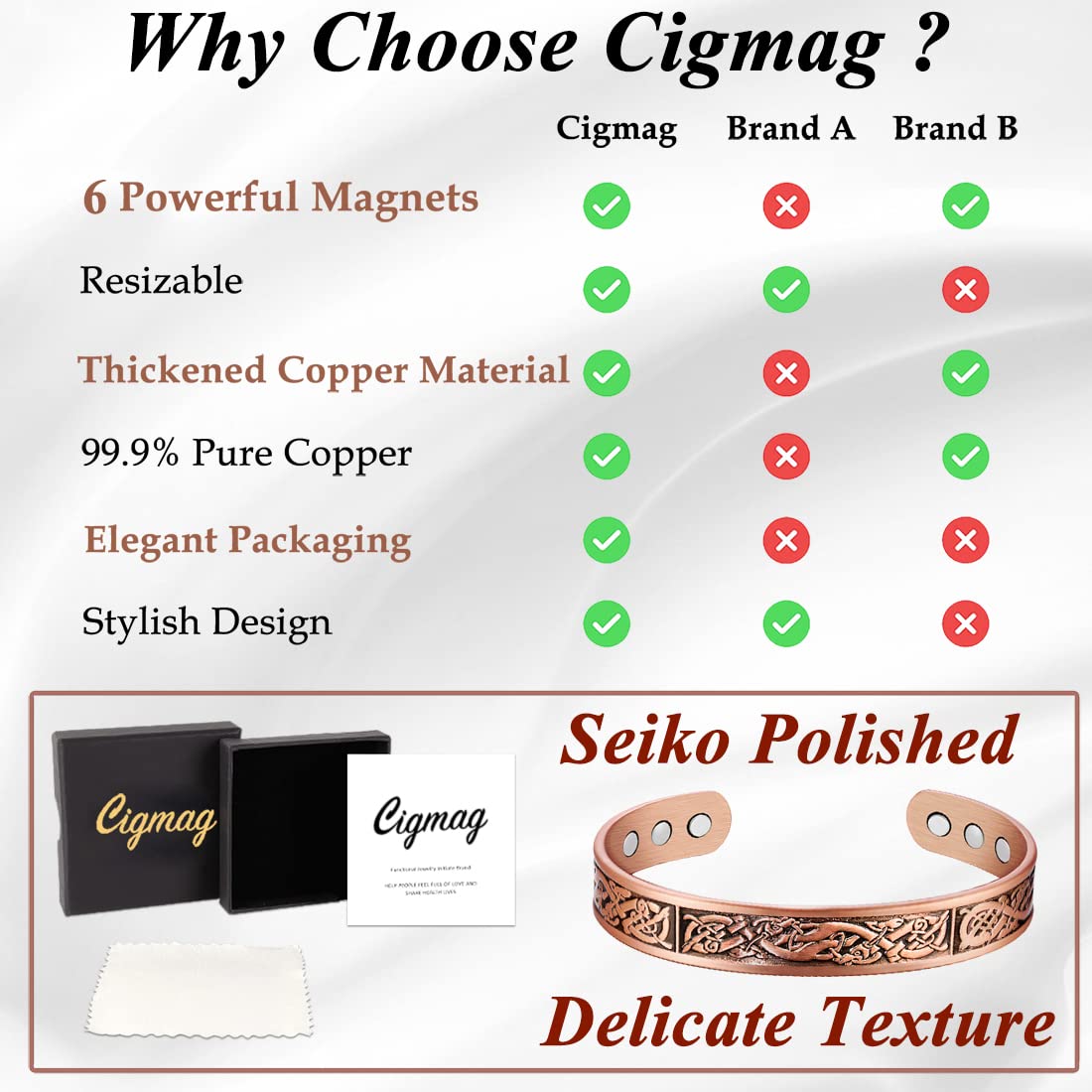 Cigmag Copper Magnetic Bracelets for Men Ultra Strength Magnet 99% Solid Pure Copper Cuff Bangles Adjustable Brazaletes with Gift Box for Father's Day & Birthday (Copper Viking Ireland Pattern)