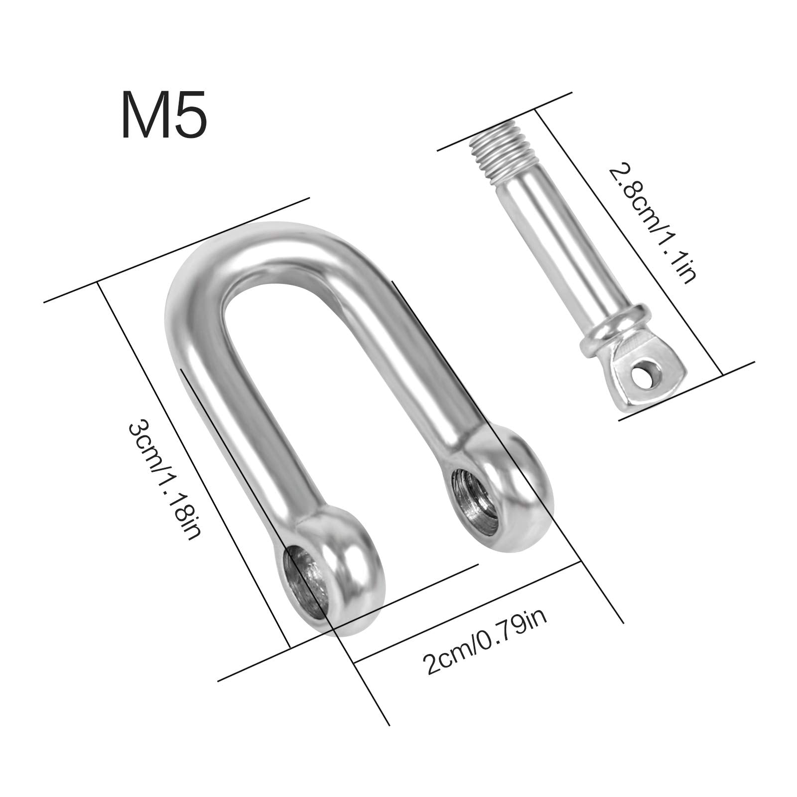 12Pcs M5 D Shackle Stainless Steel D Ring Shackle Lock D Shackle Clip 304 Stainless Steel D Shackle for Heavy Construction (Silver)