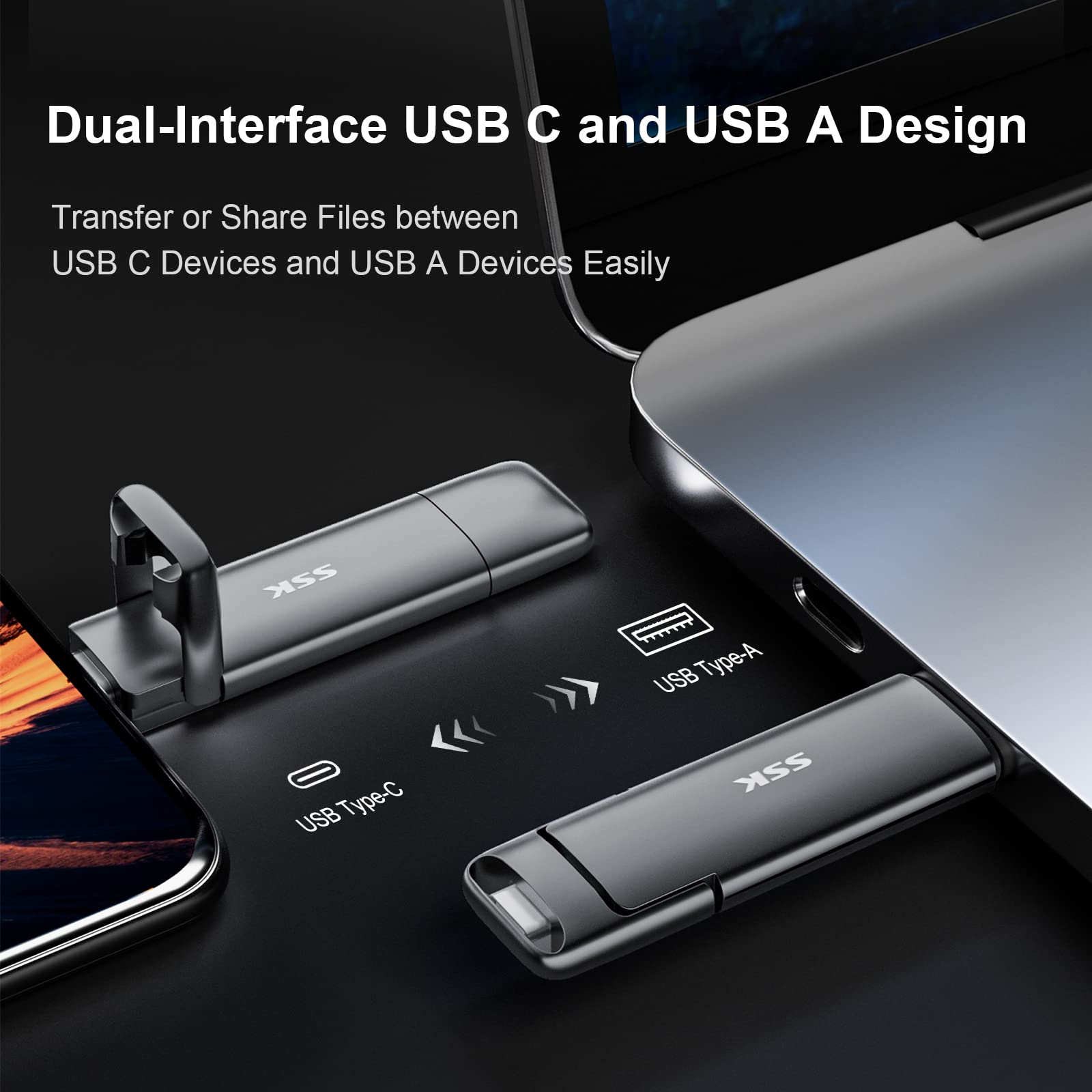 SSK 128GB USB C Drive Up to 550MB/s, Fast USB Stick Dual Drive Type-c andUSB A USB3.2 Gen2 Solid State Drive, External SSD USB Memory Stick for Android Phone Laptop Tablet Mac Business Travel Essential