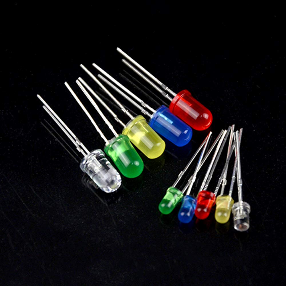 BGTXINGI 500PCS 10 Values 5 Colors 3mm and 5mm LED Light Emitting Diodes Assorted Kit Electrical Components for Lighting Bulbs and Lamps(Red Yellow Blue Green White)